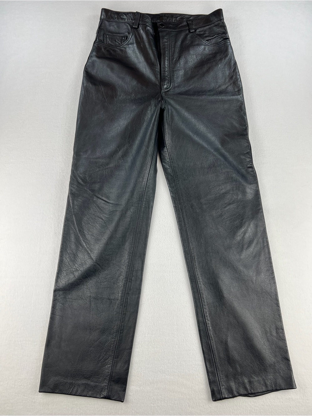Genuine Leather Womens Black Pants Straight Leg High Rise Satin Lined Size 31x29